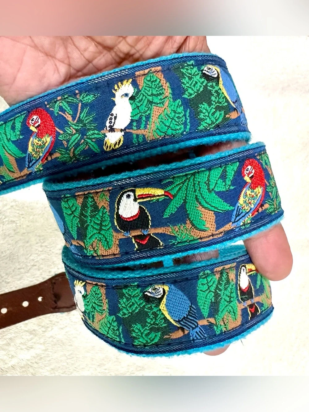 Vintage Leather Man Ltd Tropical Parrot Embroidered Belt Size 44 Made in USA